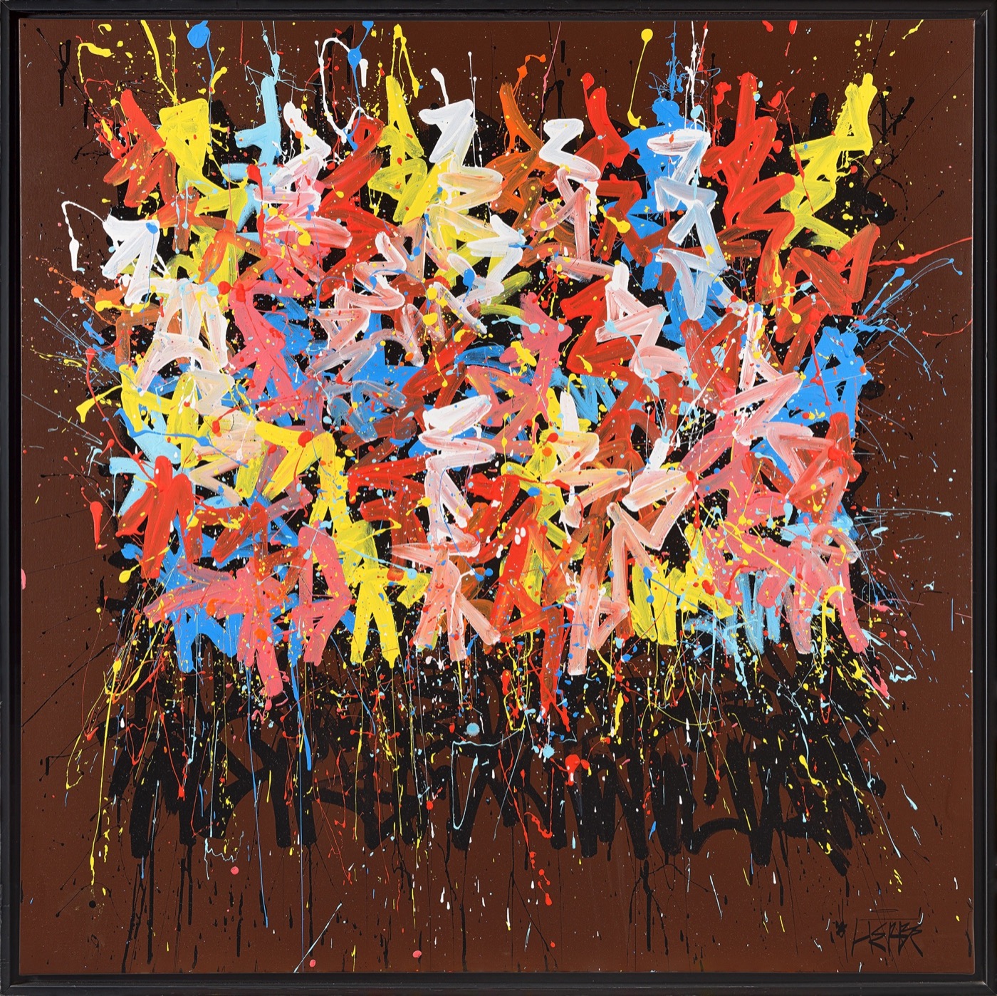 Intention collection framed artwork by Nicolas Herbé with a dark background and vivid painted marks.